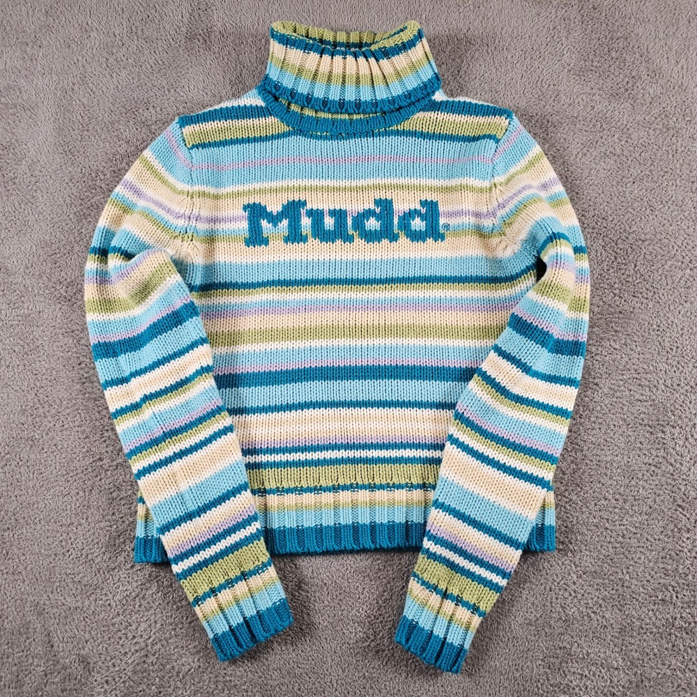 Vintage Mudd Yo Striped Turtleneck Sweater XL Blue Green Y2K Chunky Knit Logo